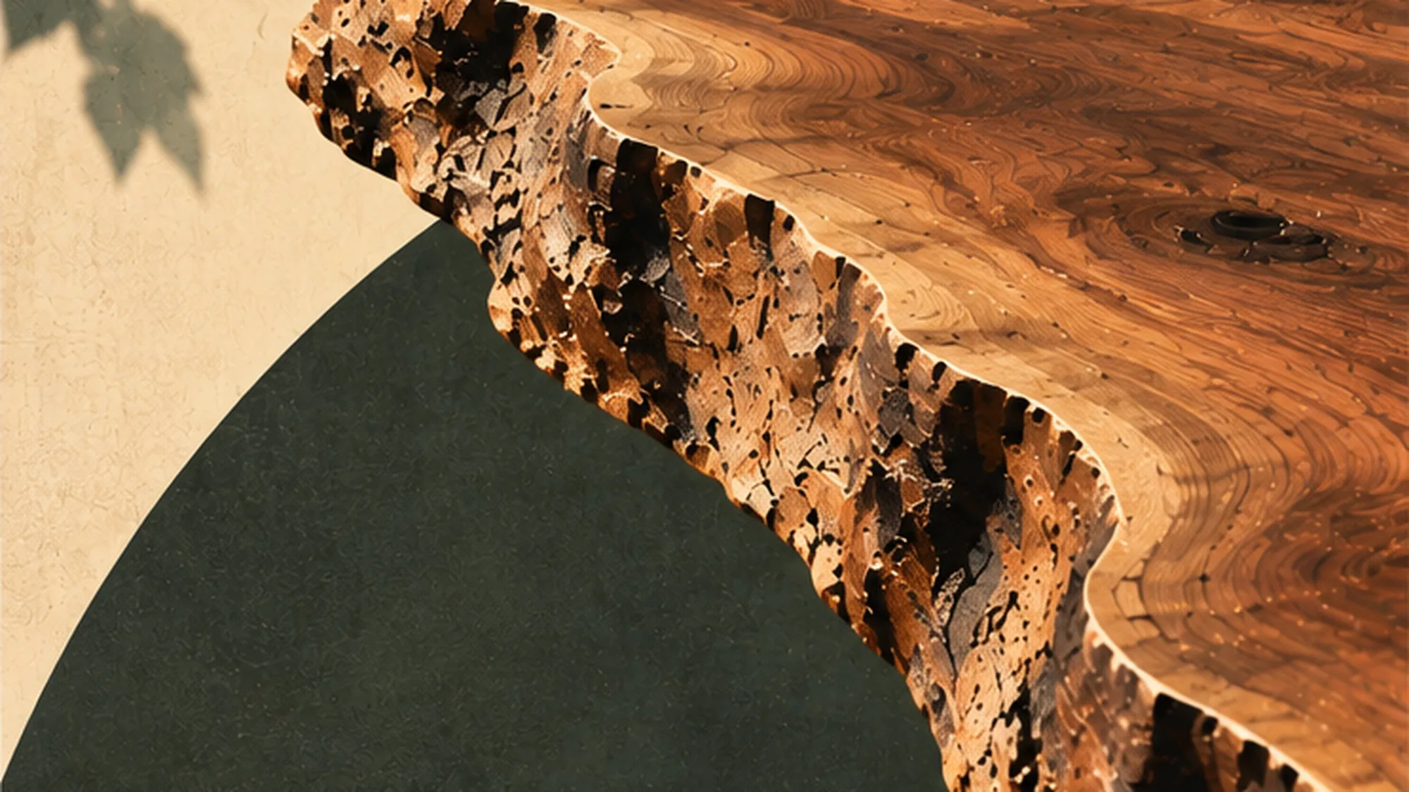 RSF Table Co. illustration of a live edge slab tabletop, the raw outer edge of the tree running along its side in warm light.