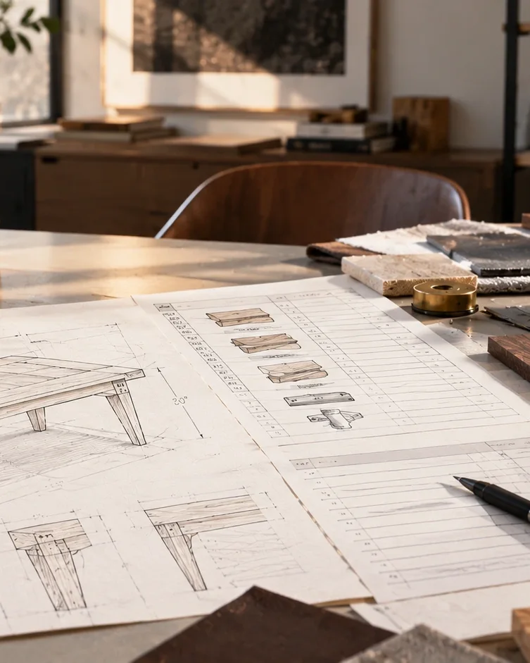 Shop drawings of a dining table and a cut list on a desk, with wood samples and a pen.
