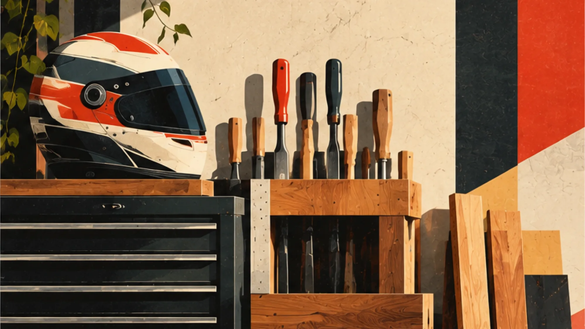 RSF Table Co. illustration of the shop: a racing helmet on a black tool chest beside a rack of chisels and boards leaning against the wall.