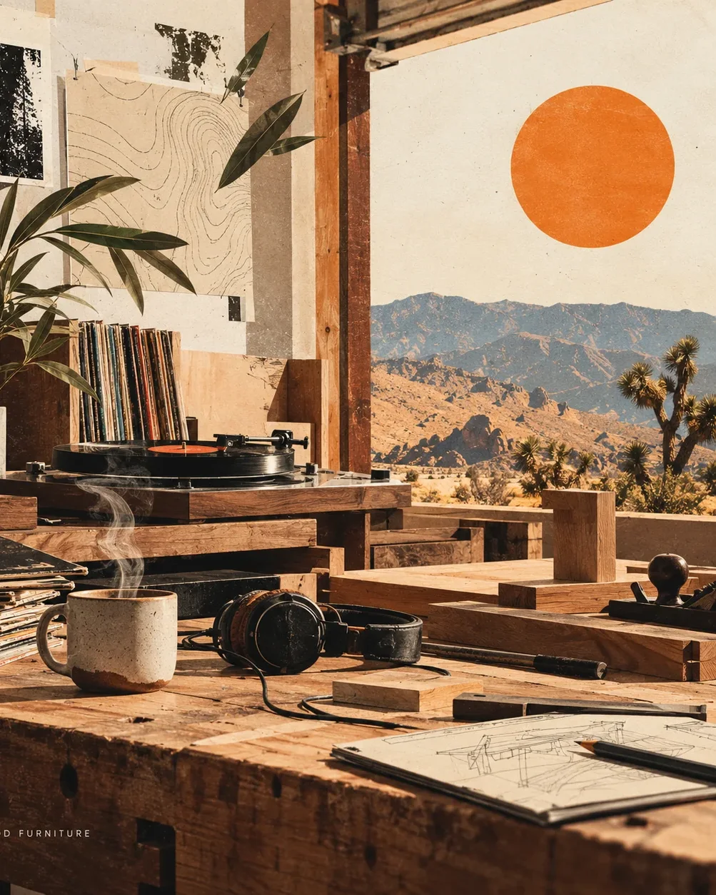 A turntable, records and a coffee mug on a workbench, open to a desert view under an orange sun.
