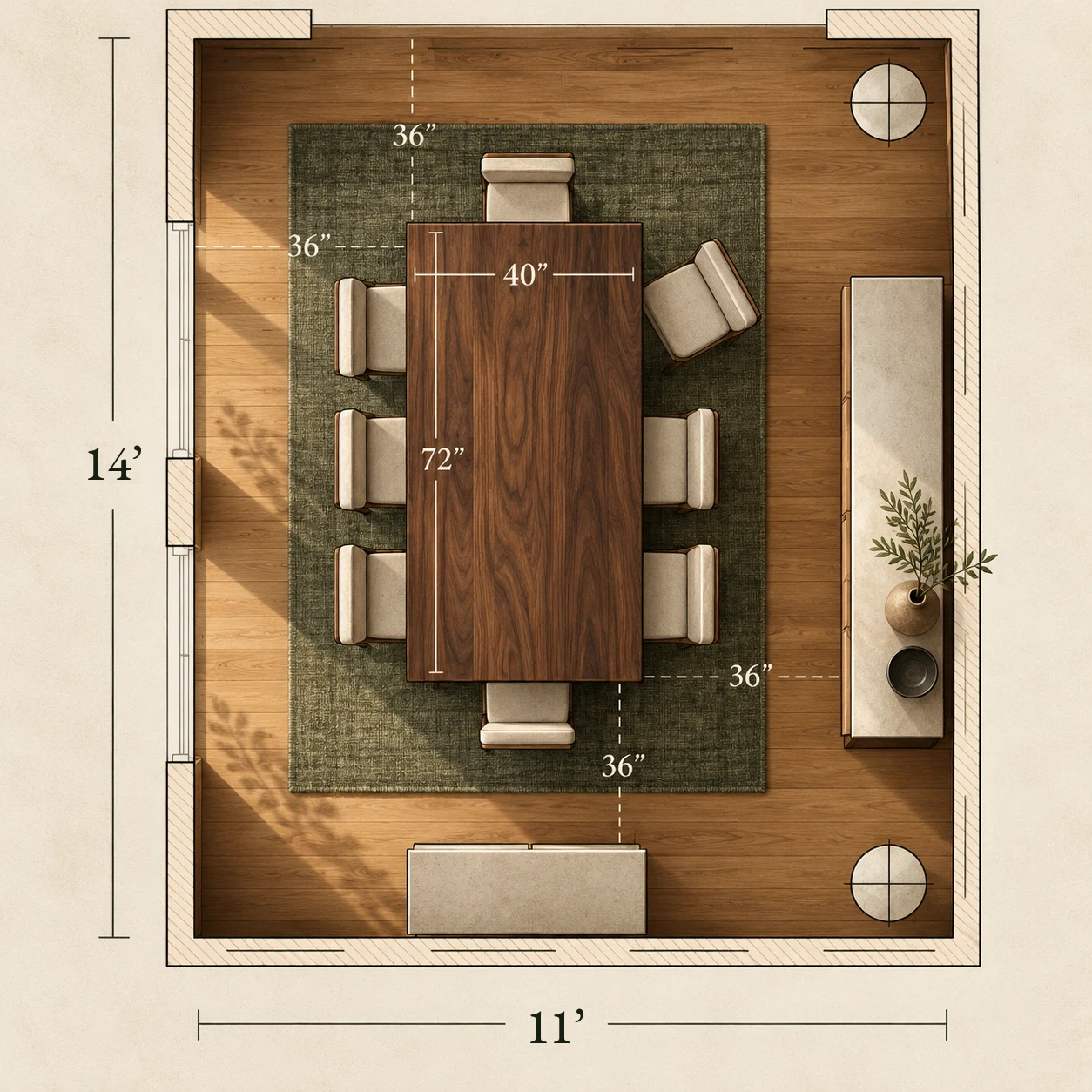 Plan view of a dining room: a 72 by 40 inch table with 36 inch clearances on every side.