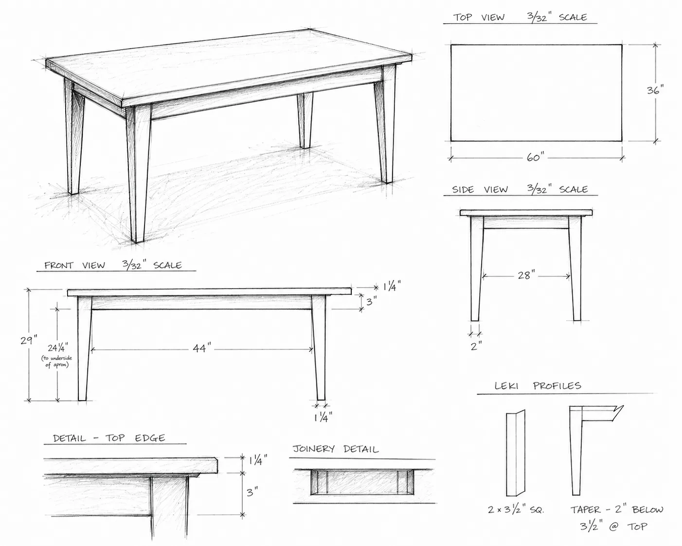 Hand-drawn shop drawing of the Hickory Dining Table: perspective, top, front and side views with dimensions, edge and joinery details.