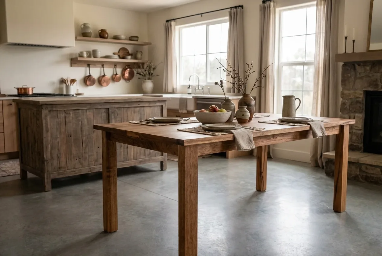 The Hickory Dining Table set for a meal in a dining room, with a kitchen and stone fireplace behind it.