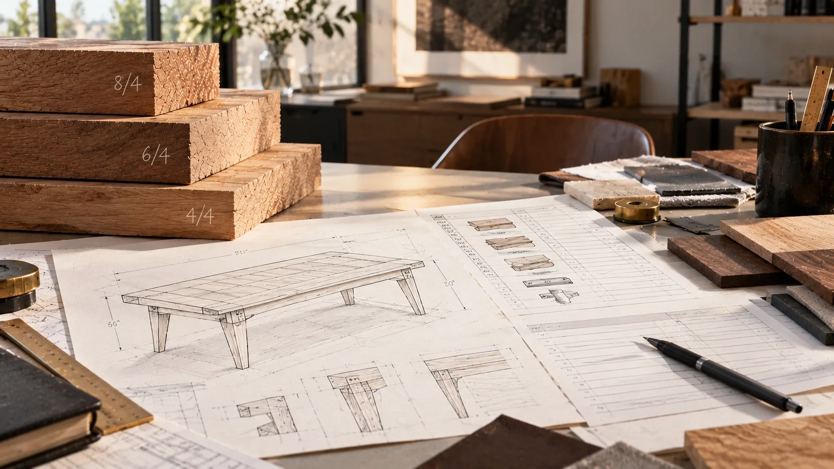 Shop drawings of a dining table and a cut list on a desk, beside a stack of 4/4, 6/4 and 8/4 boards and wood samples.