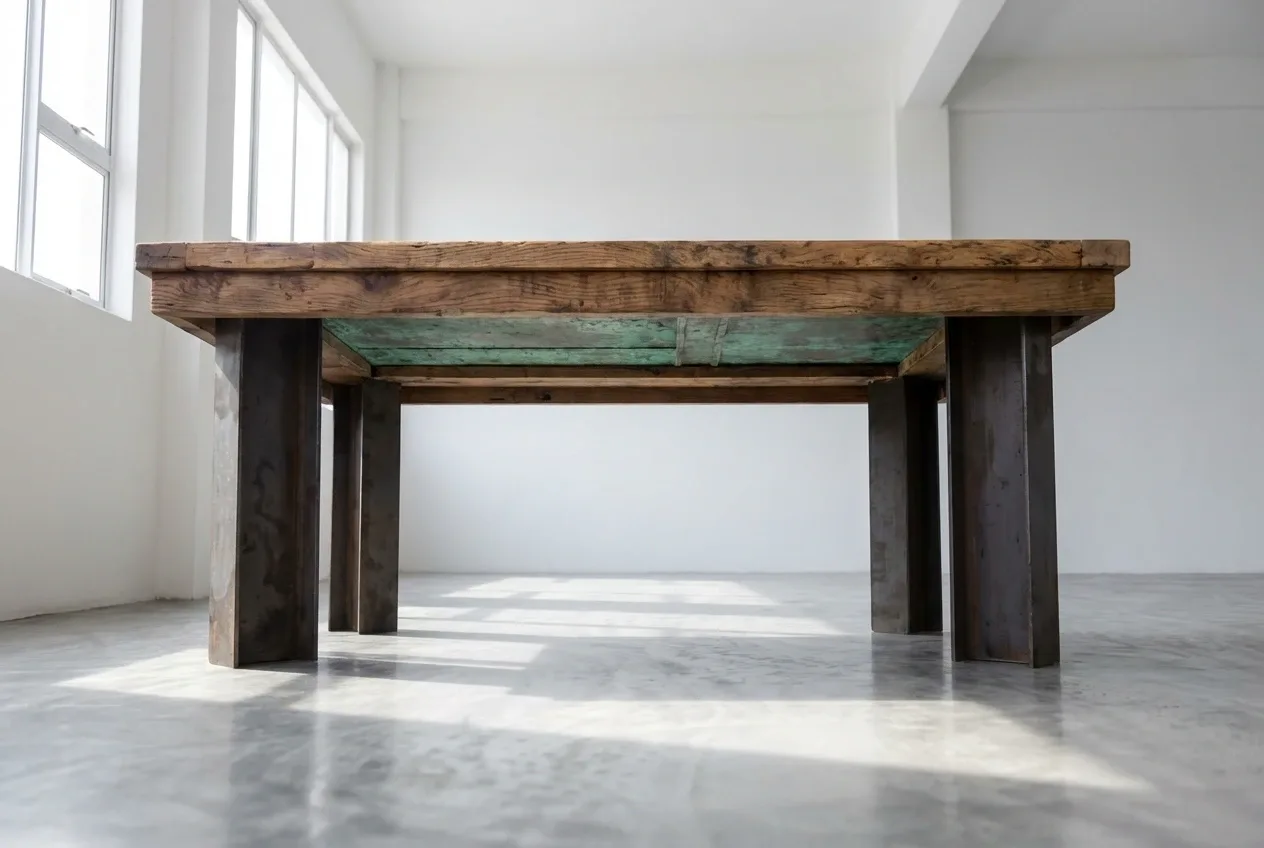 Low view of the Passato showing the salvaged steel legs and the green painted door under the frame.