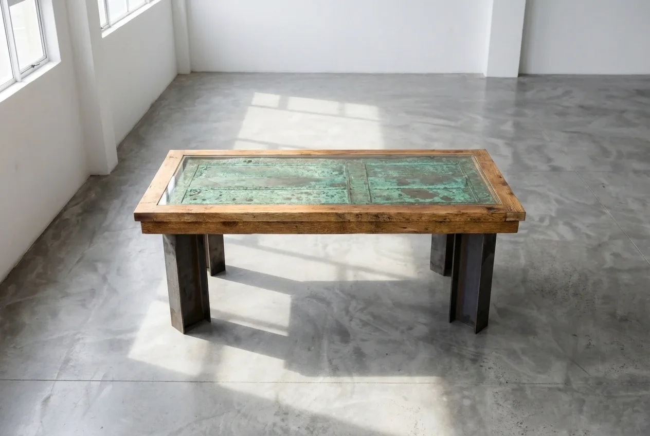 The Passato from above: the painted door visible beneath the glass inside a reclaimed wood frame, on steel legs.