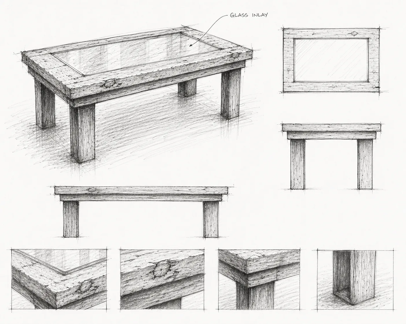 Pencil sketches of the Passato: perspective with glass inlay, plan, elevations and corner details.